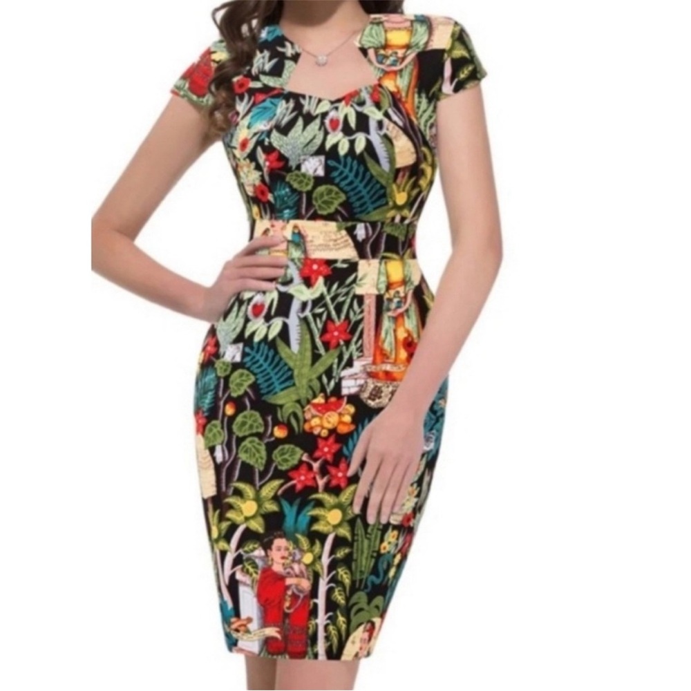 Grace Karin Frida Kahlo Floral Print Pencil Dress - Size M